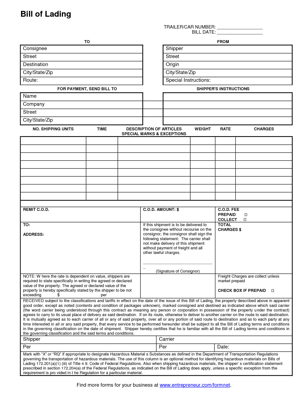 Straight Bill Of Lading Template Bill Lading Template