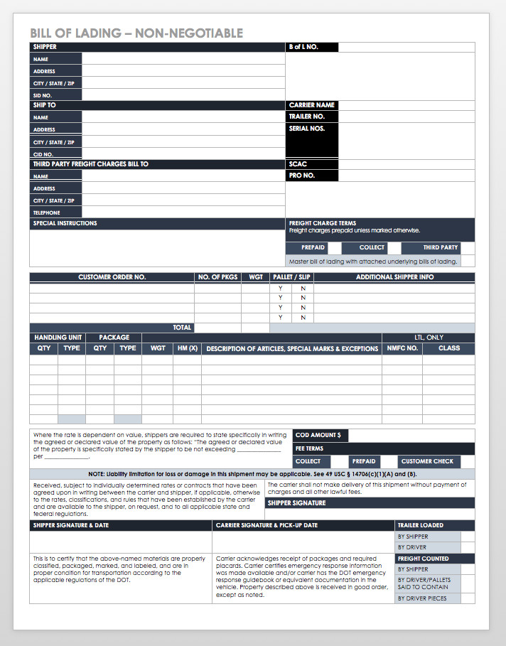 Straight Bill Of Lading Template Free Bill Of Lading Templates