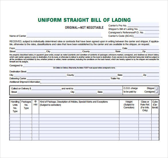 Straight Bill Of Lading Template Sample Bill Of Lading 5 Documents In Pdf