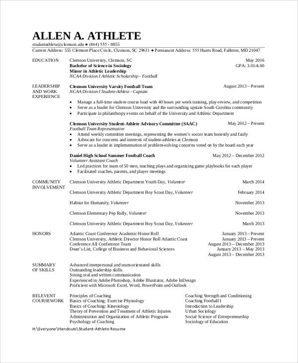 Student athlete Resume Template Sample Student Resume 7 Documents In Pdf Word