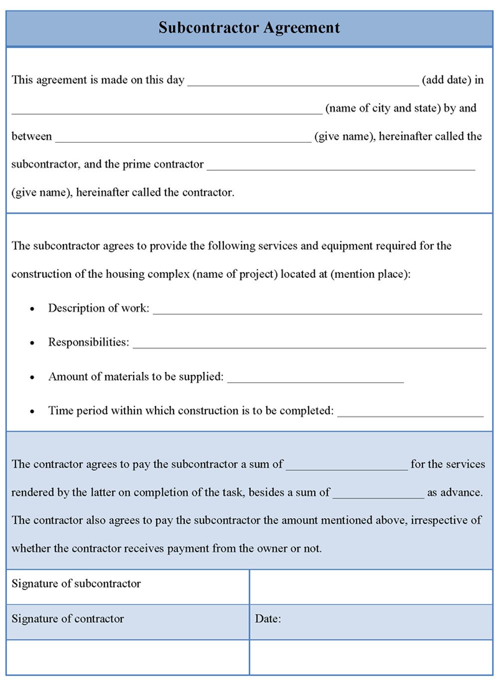 Subcontractor Agreement Template Free Agreement Template for Subcontractor Template Of