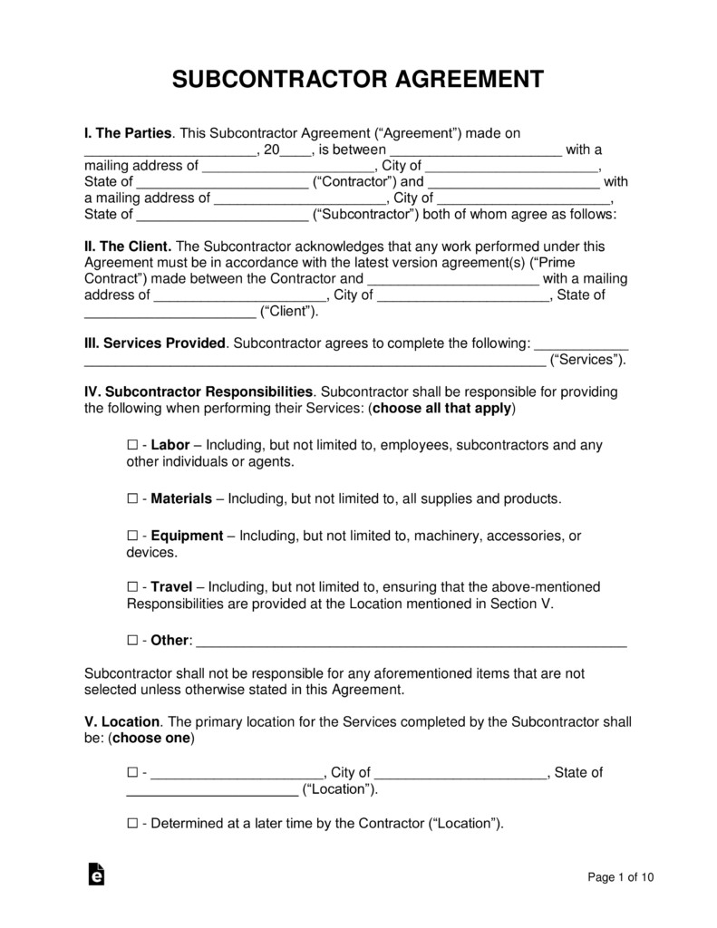 Subcontractor Agreement Template Free Free Subcontractor Agreement Templates Pdf