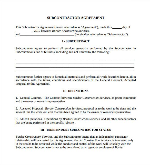 Subcontractor Agreement Template Free Sample Subcontractor Agreement 14 Documents In Pdf Word