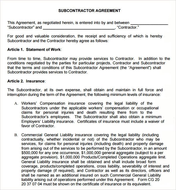 Subcontractor Agreement Template Free Sample Subcontractor Agreement 17 Free Documents