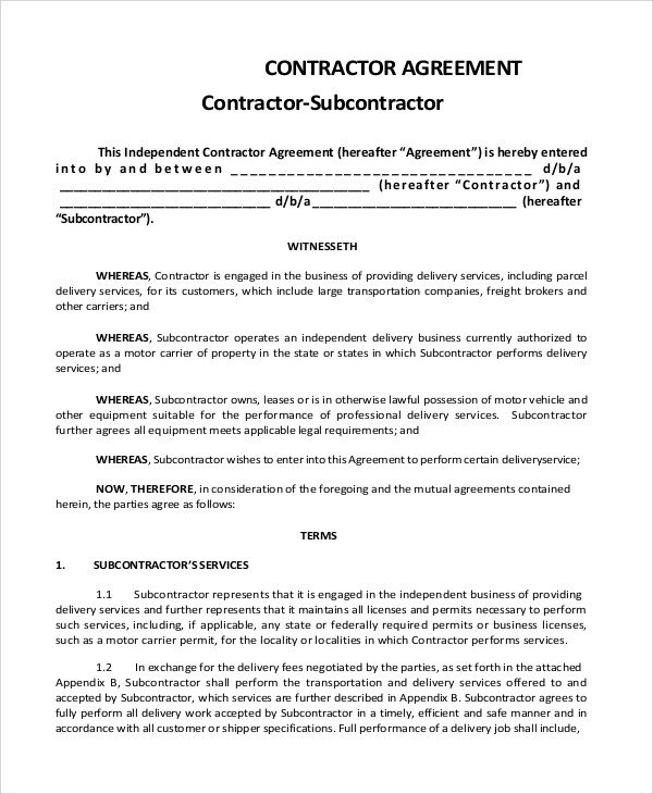 Subcontractor Agreement Template Free Sample Subcontractor Agreement 9 Examples In Pdf Word