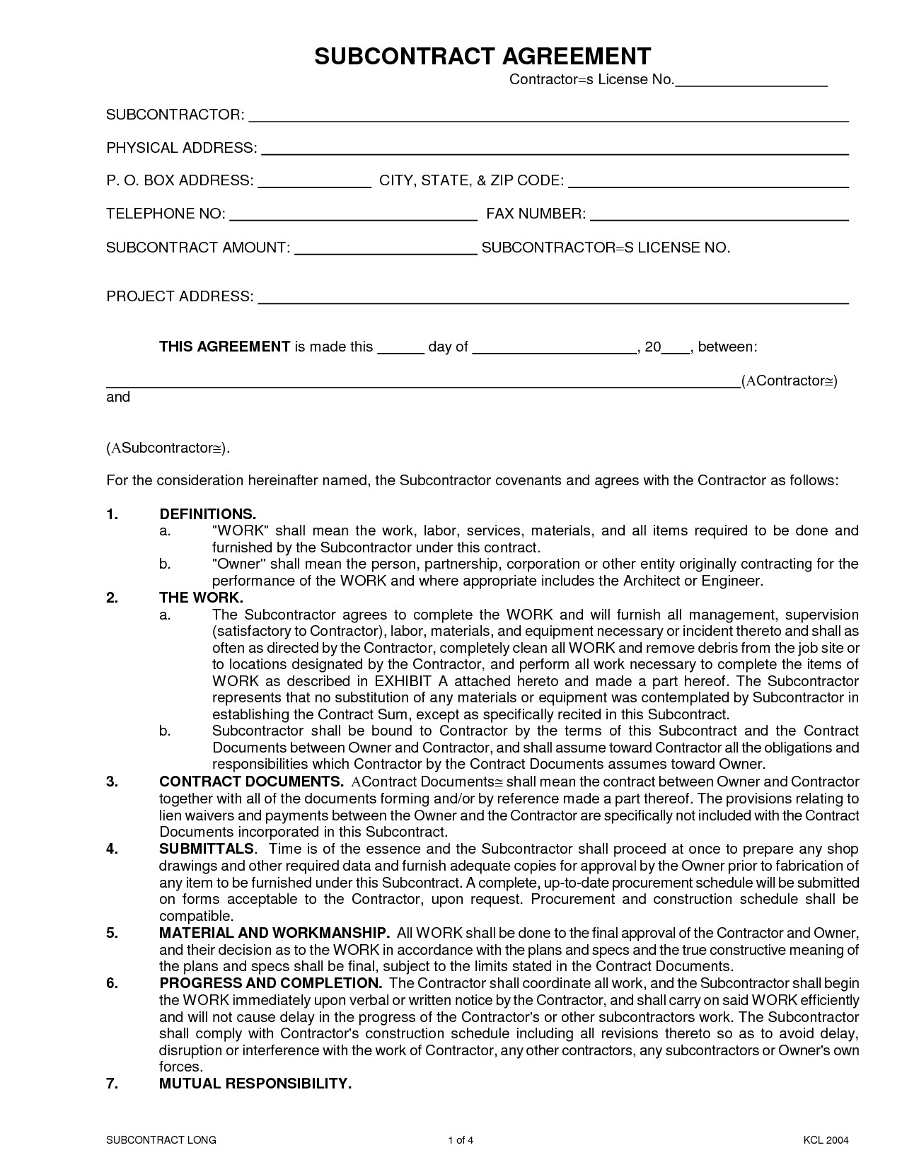 Subcontractor Agreement Template Free Search Results Sub Subcontractor Agreement