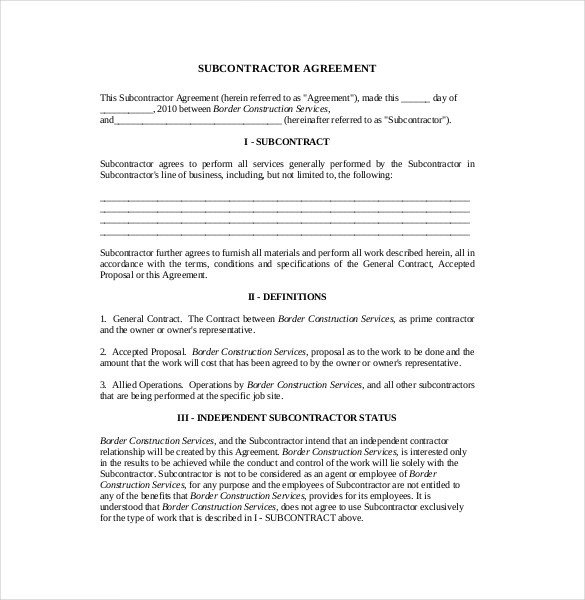 Subcontractor Agreement Template Free Subcontractor Agreement format
