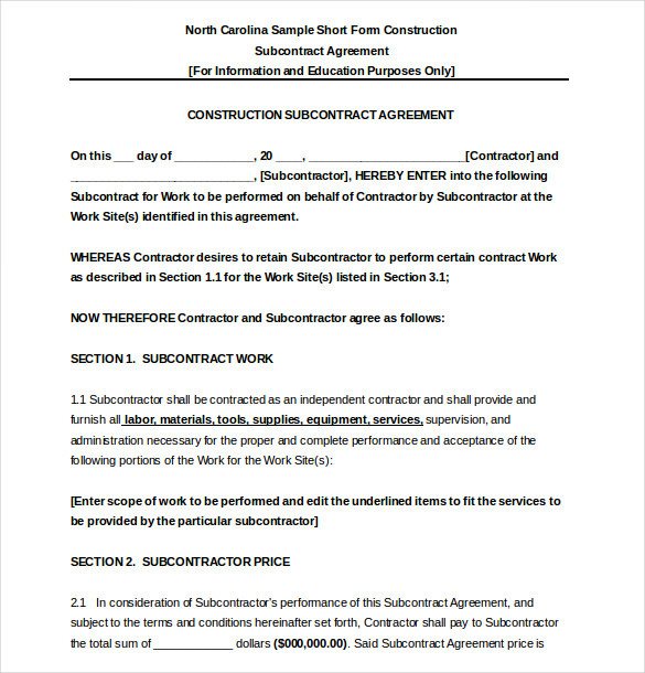 Subcontractor Agreement Template Free Subcontractor Agreement Template 10 Free Word Pdf