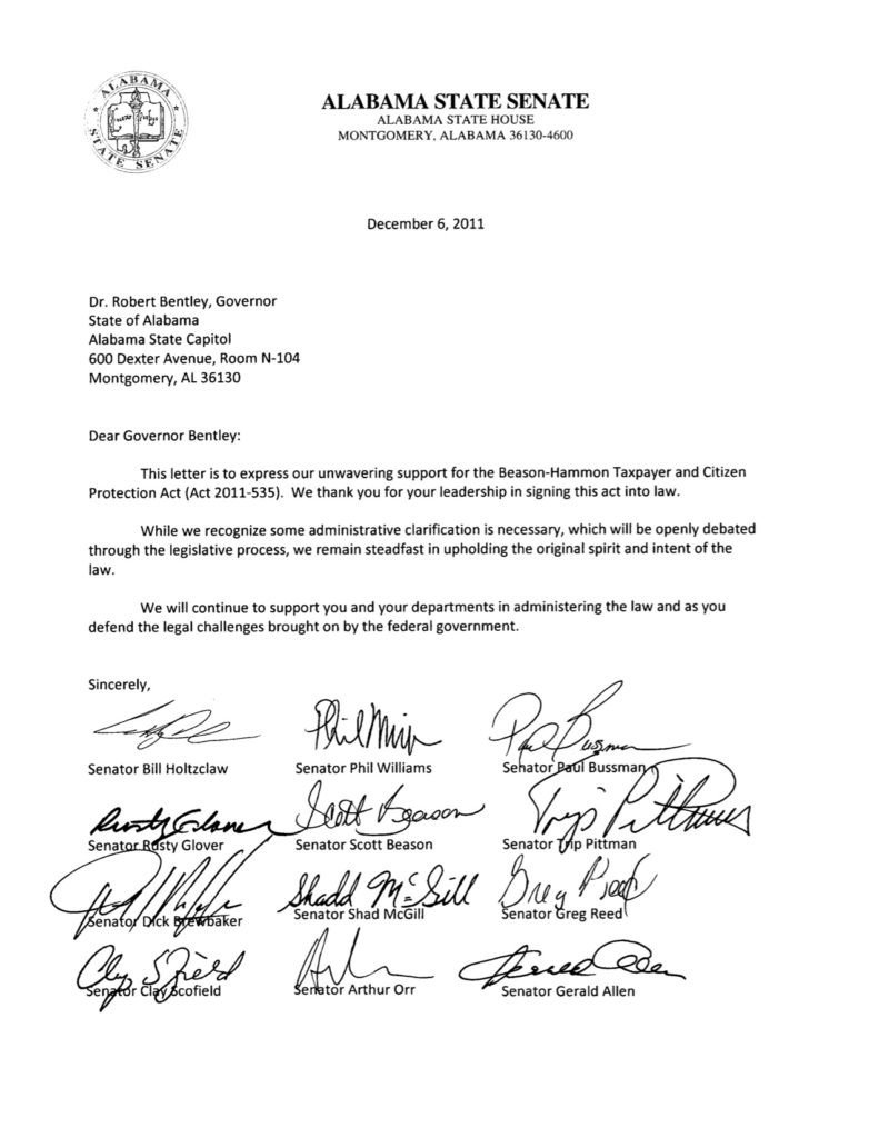 Support Letter for Immigration Senators Reiterate Support for Alabama Immigration Law