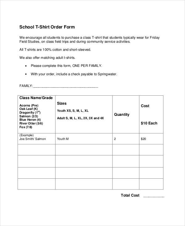 T Shirt order form 12 T Shirt order forms Free Sample Example format