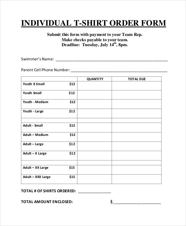 T Shirt order form 12 T Shirt order forms Free Sample Example format