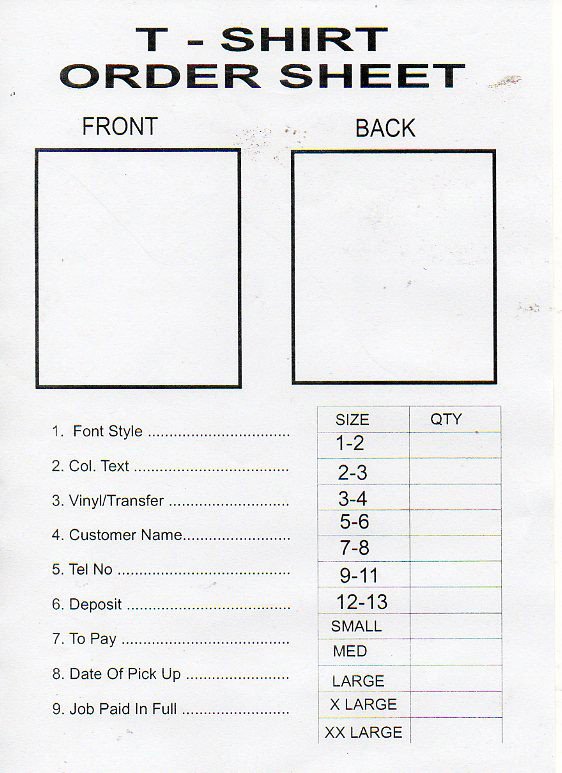T Shirt order form Printable T Shirt order form Template