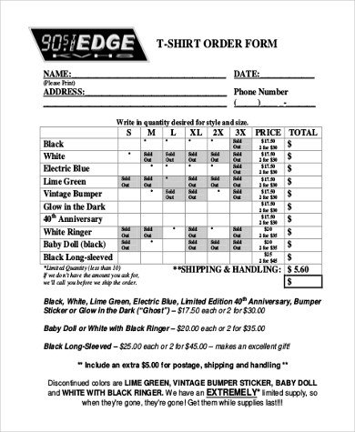 T Shirt order form T Shirt order form Sample 7 Free Documents In Pdf