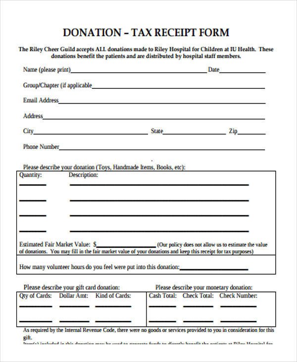 Tax Donation form Template Printable Receipt forms