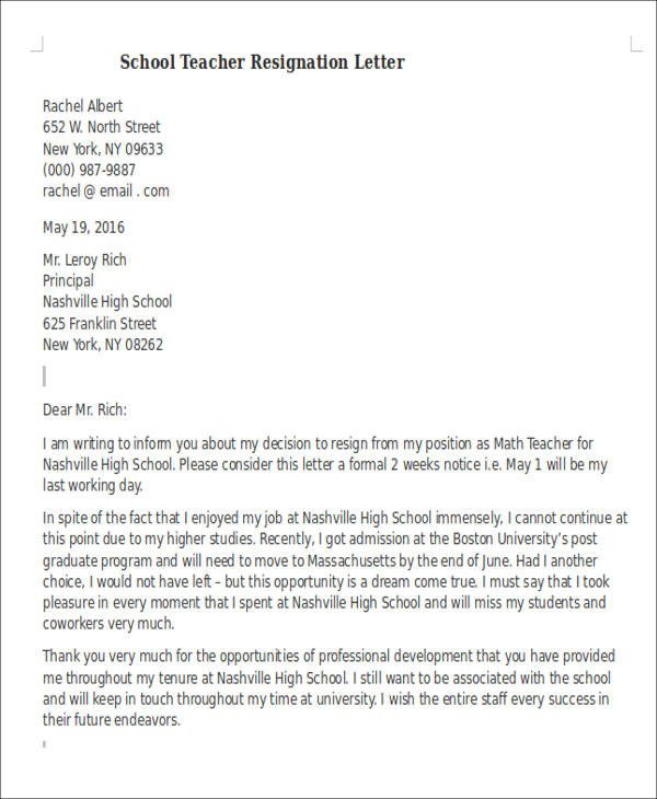 Teacher Letter Of Resignation 7 Sample Teaching Resignation Letters Free Sample
