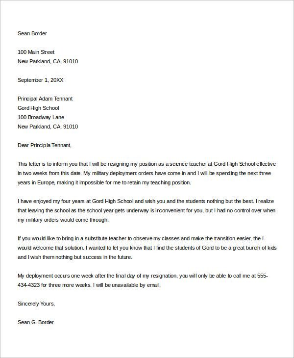 Teacher Letter Of Resignation Teacher Resignation Letter Template