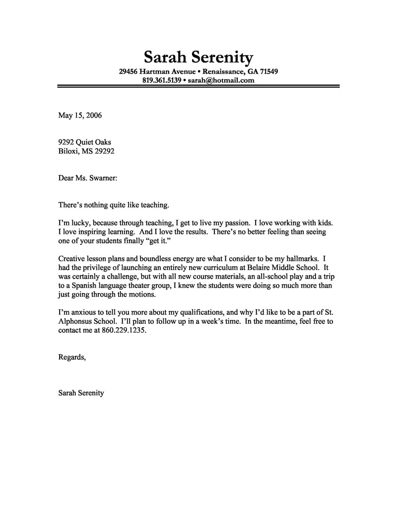 Teaching Cover Letter Template Cover Letter Example Of A Teacher with A Passion for