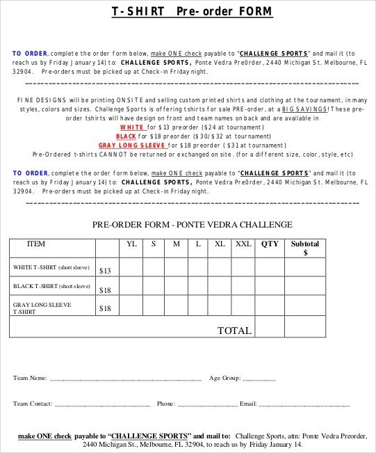 Tee Shirt order form Sample order form 10 Examples In Pdf Word
