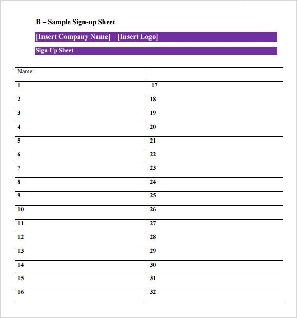 Template for Sign Up Sheet Printable Sign Up Sheet Template