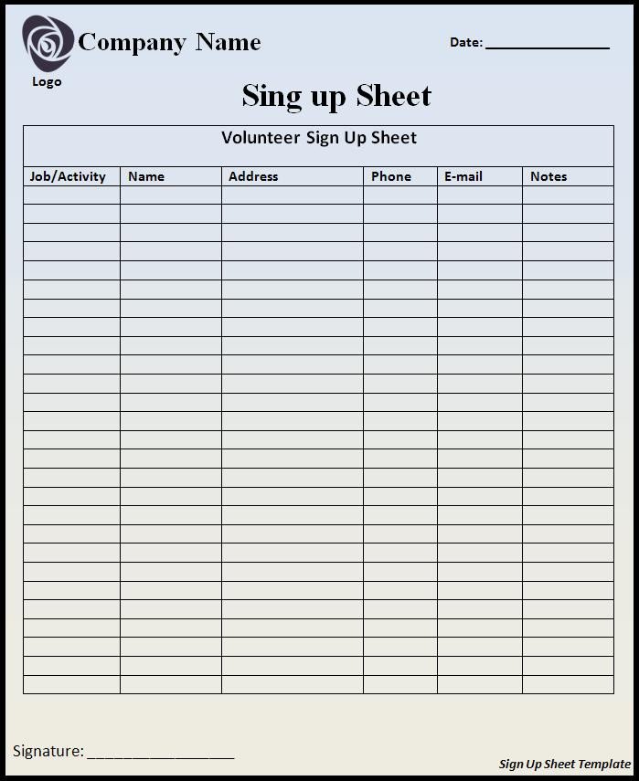 Template for Sign Up Sheet Sign Up Sheet Template