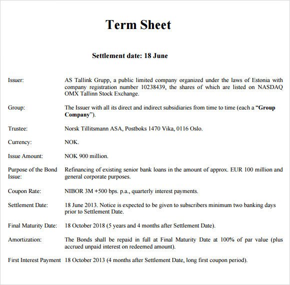 Term Sheet Template Word Sample Term Sheet 6 Example format
