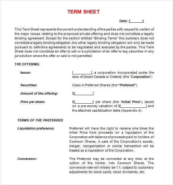 Term Sheet Template Word Term Sheet Template 14 Download Free Documents In Pdf