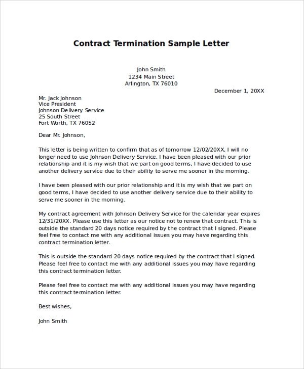 Termination Of Contract Letter Sample Termination Letter 9 Examples In Pdf Word