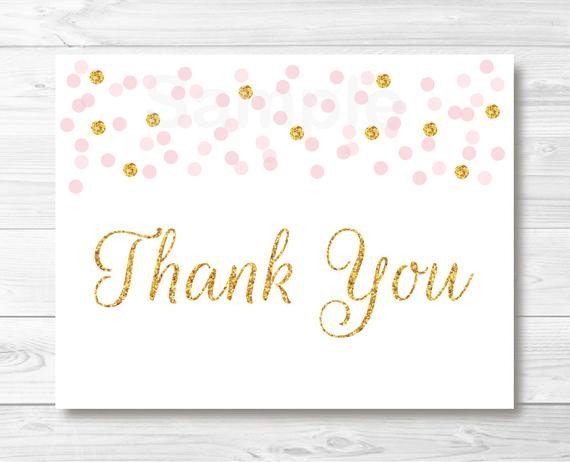 Thank You Postcard Template Pink &amp; Gold Glitter Confetti Folded Thank You Card Template