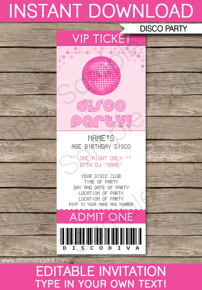 Ticket Invitation Template Free Disco Party Ticket Invitations Birthday Party