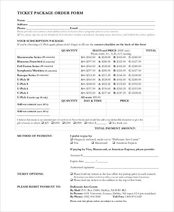 Ticket order form Template Word 12 Package order forms Free Sample Example format