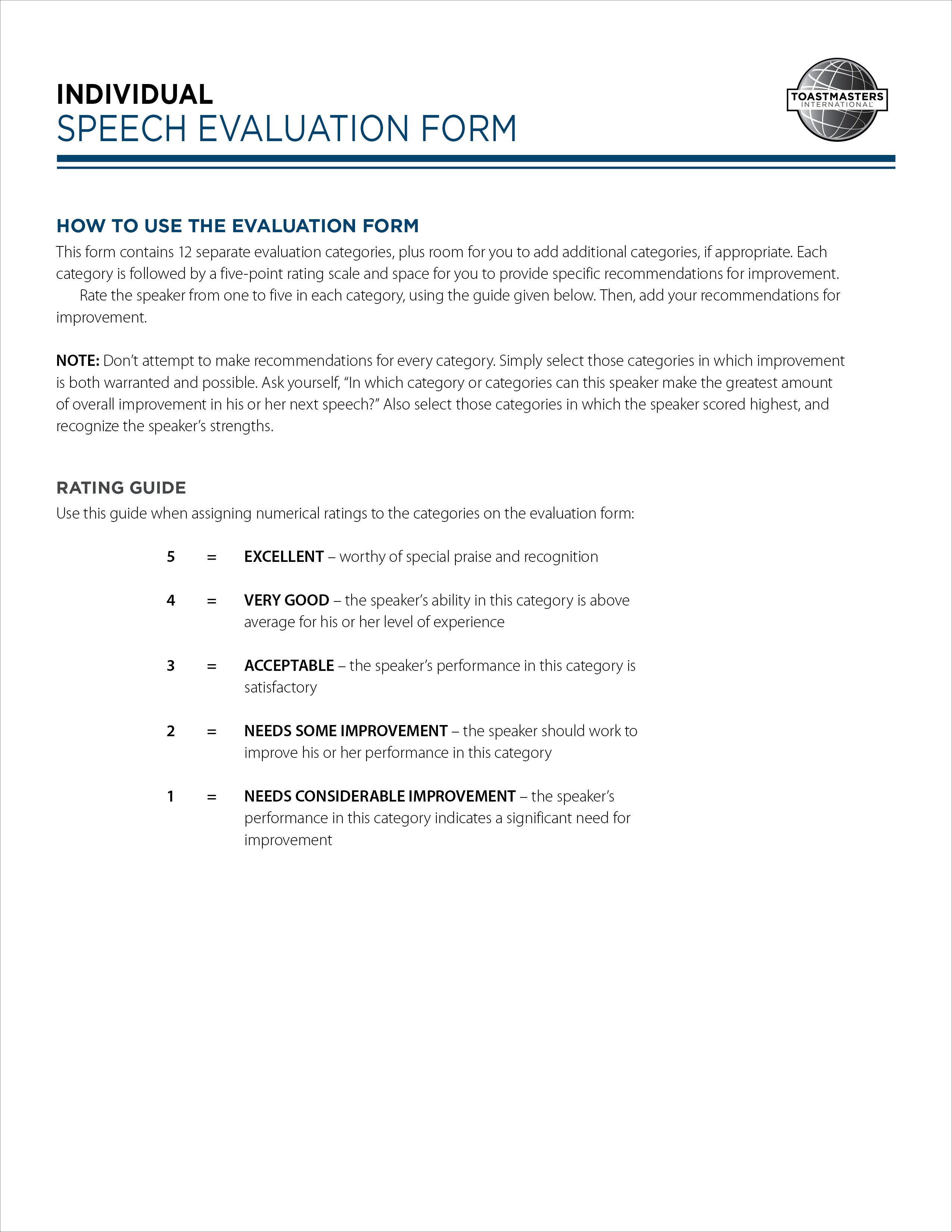 Toastmasters Speech Evaluation form Art Of Effective Evaluation Individual Speech form Pad Of 30