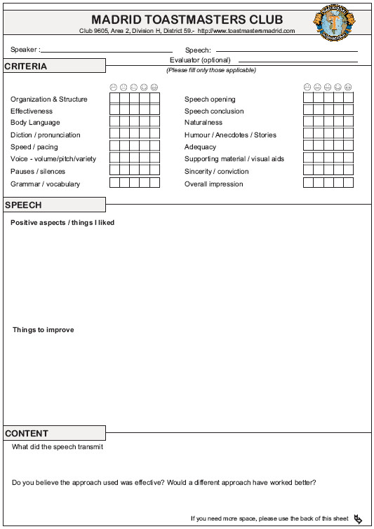 Toastmasters Speech Evaluation form Evaluation