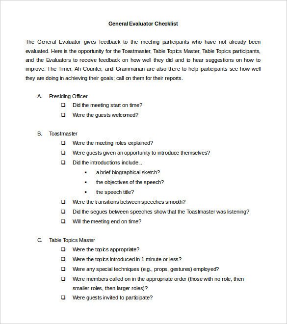 Toastmasters Speech Evaluation form toastmaster Evaluation Template – 20 Free Word Pdf
