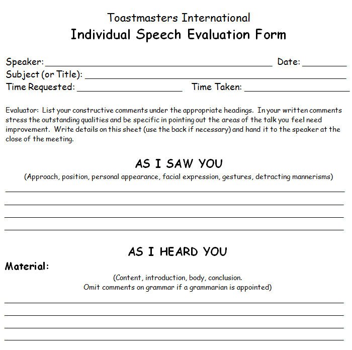 Toastmasters Speech Evaluation form toastmaster Evaluation Template – 20 Free Word Pdf