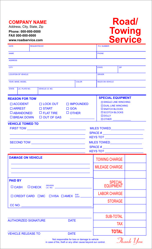 Tow Truck Receipt Template Carbonless Invoice Template forms