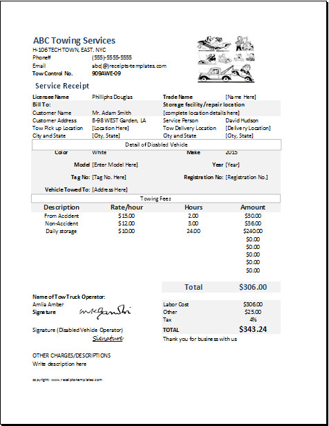 Tow Truck Receipt Template Ms Excel towing Service Receipt Template