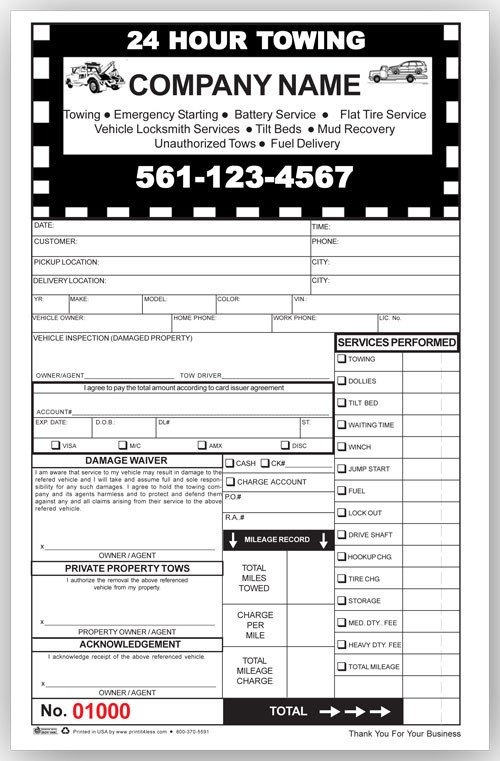 Tow Truck Receipt Template Multi Part towing Invoice forms