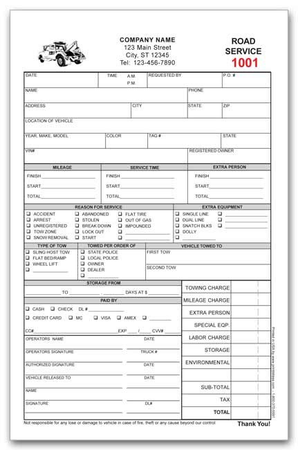 Tow Truck Receipt Template Road Side Service and towing Invoice form
