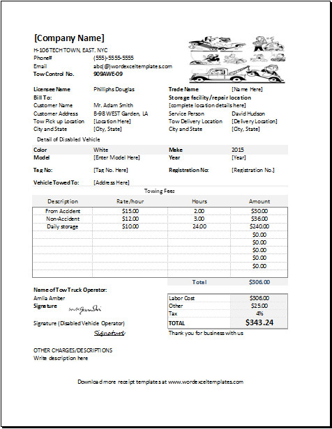 Tow Truck Receipt Template towing Service Receipt Template for Excel
