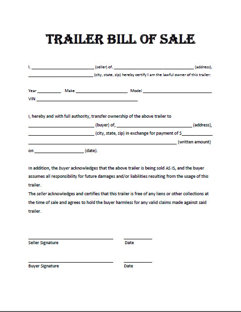 Trailer Bill Of Sale Free Printable Trailer Bill Of Sale All States F