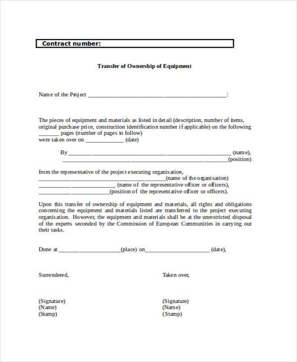 Transfer Of Ownership Agreement 37 Contract forms In Doc