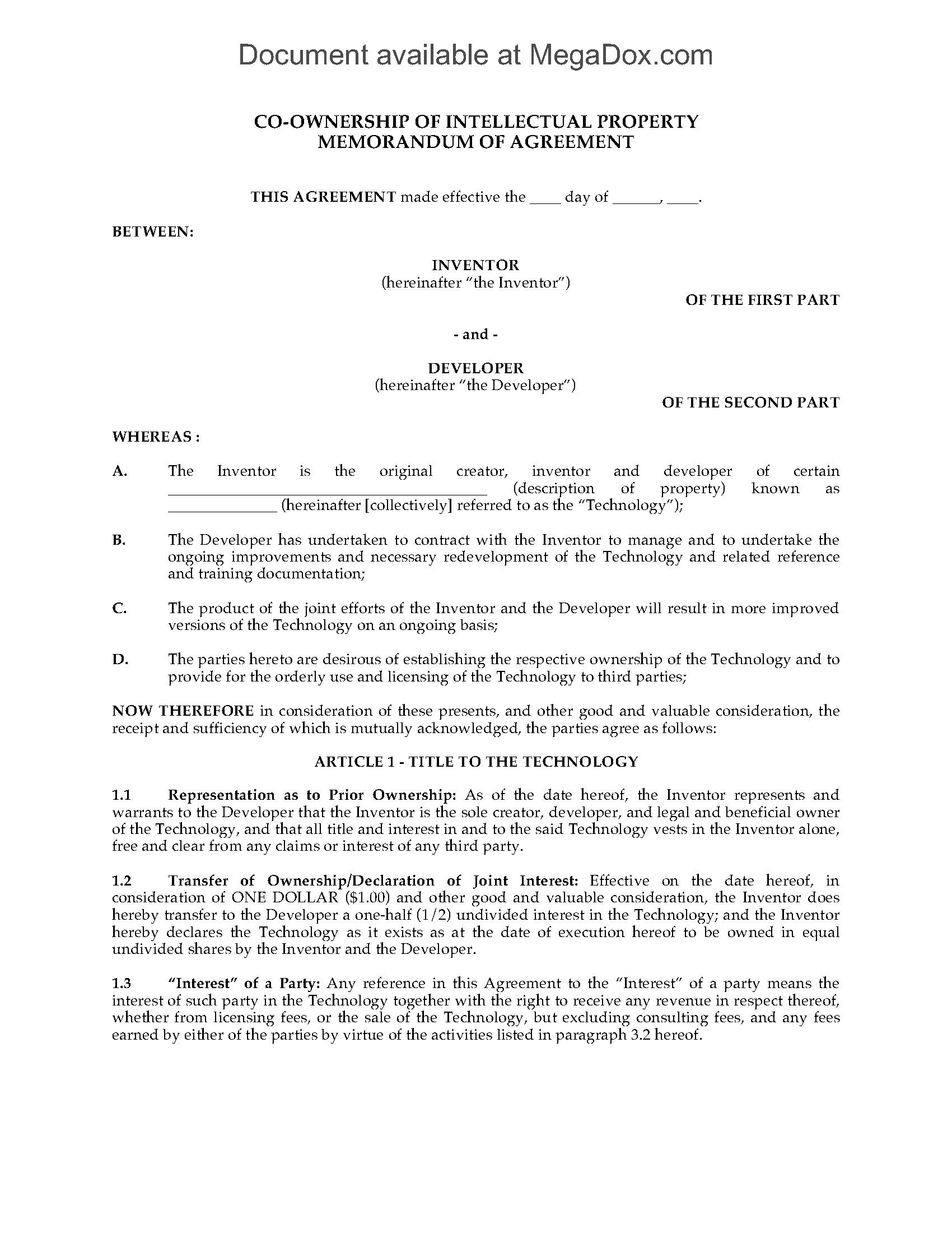 Transfer Of Ownership Agreement Co Ownership Agreement for Intellectual Property