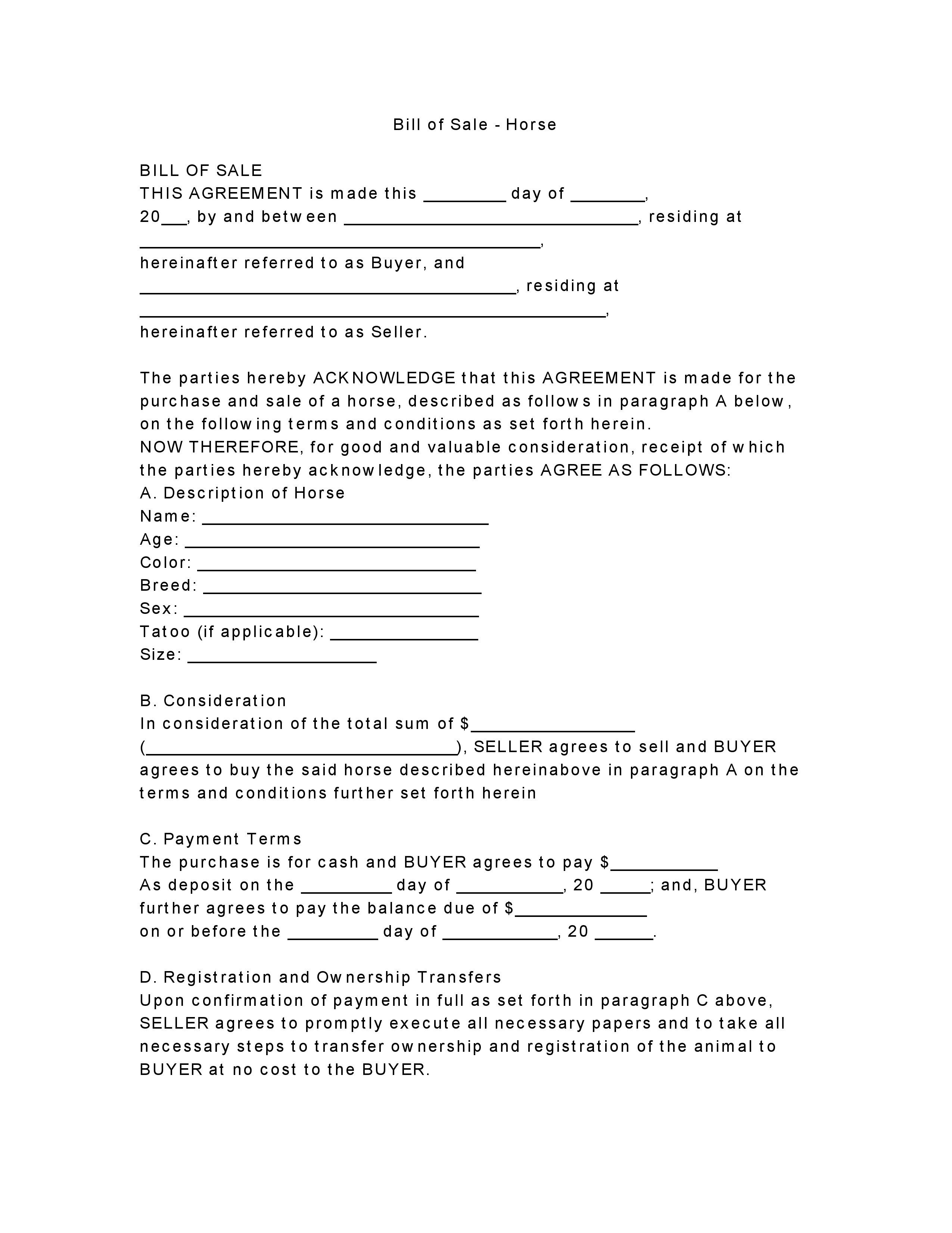 Transfer Of Ownership Agreement Free Horse Bill Of Sale form Pdf