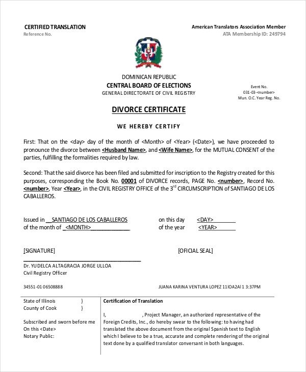 Translation Of Divorce Certificate Template 11 Divorce Certificate Templates