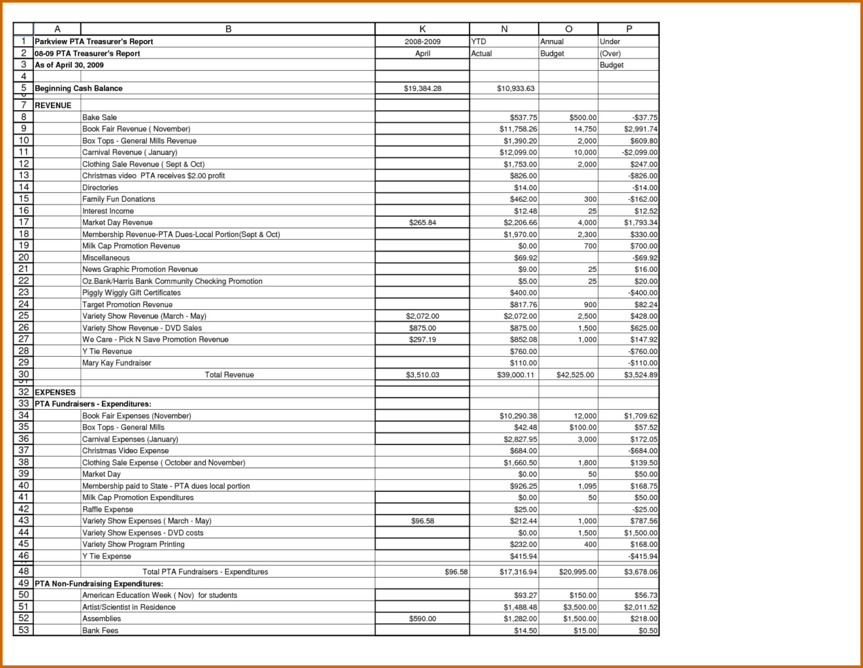 Treasurer Report Template Excel Treasurer S Report Excel Spreadsheet Google Spreadshee