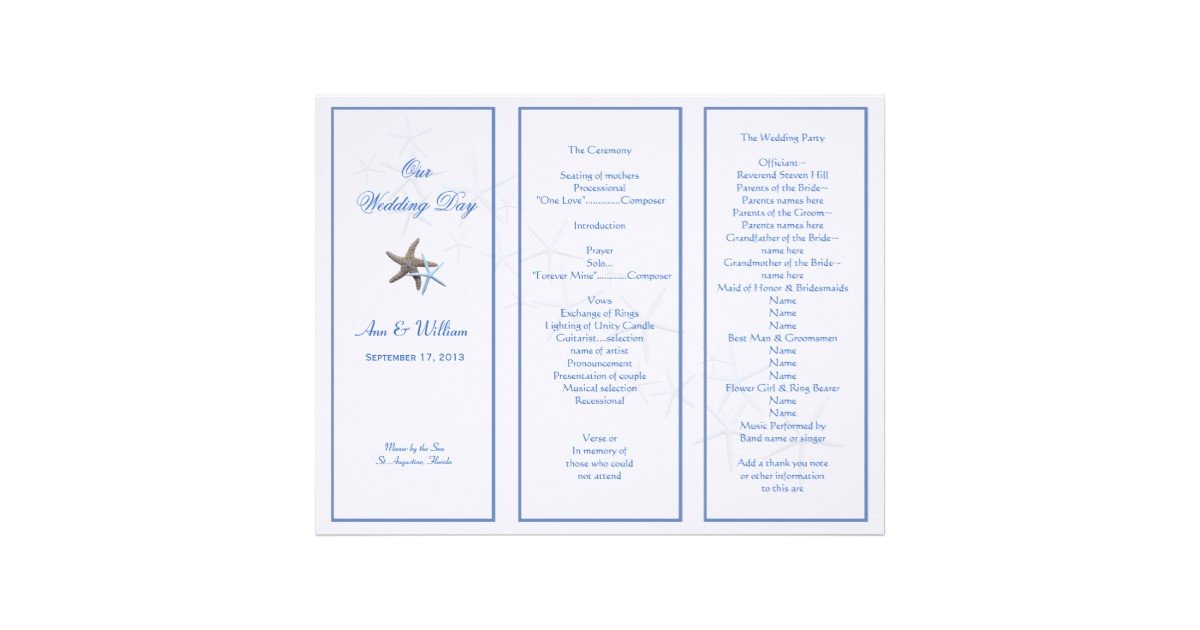 Tri Fold Wedding Programs Templates Starfish Couple Tri Fold Wedding Program Template