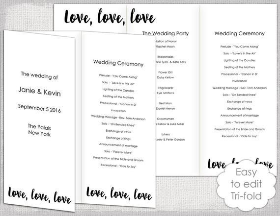 Trifold Wedding Program Template Wedding Program Template Trifold Love Love Love