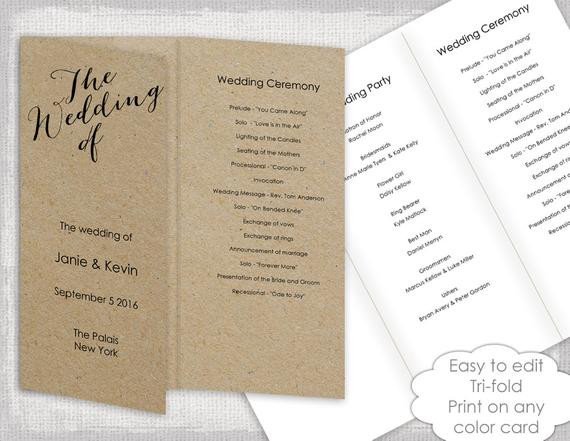 Trifold Wedding Program Template Wedding Programs Instant Template Trifold Calligraphy