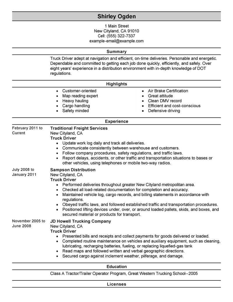 Truck Driver Resume Template Best Truck Driver Resume Example