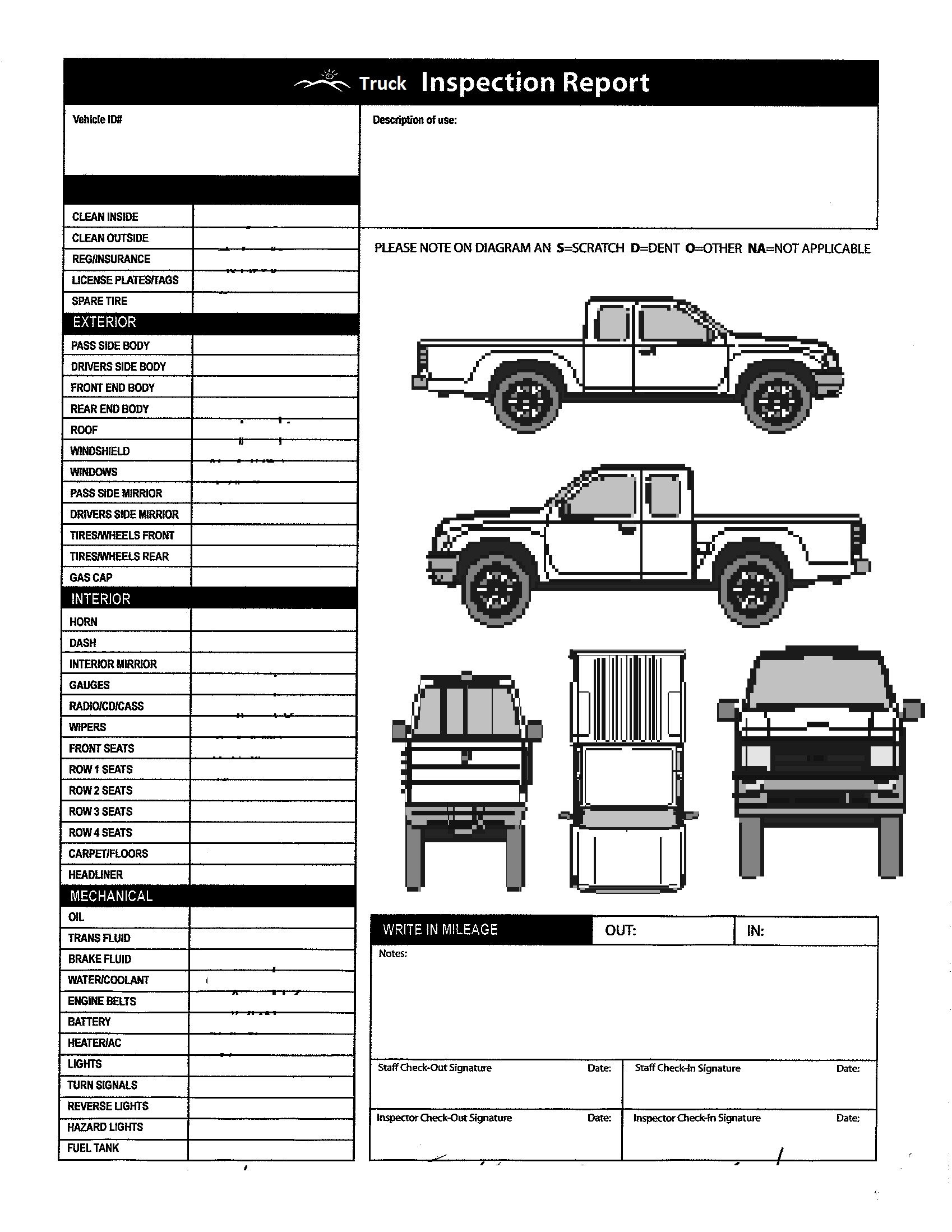 Truck Inspection form Template Vehicle Inspection form Template